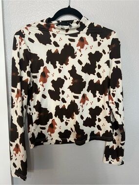 SHEIN Cream Long-Sleeve Cow Print Top with Brown Spots